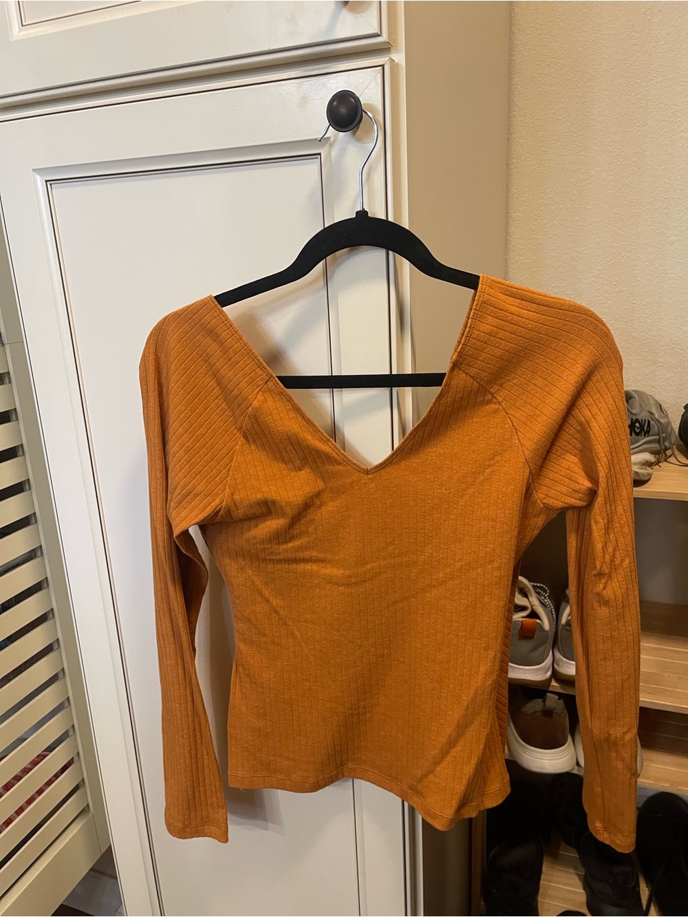 Anthropologie Ribbed Wrap-Front Long Sleeve Top in Rust - Picture 2 of 3